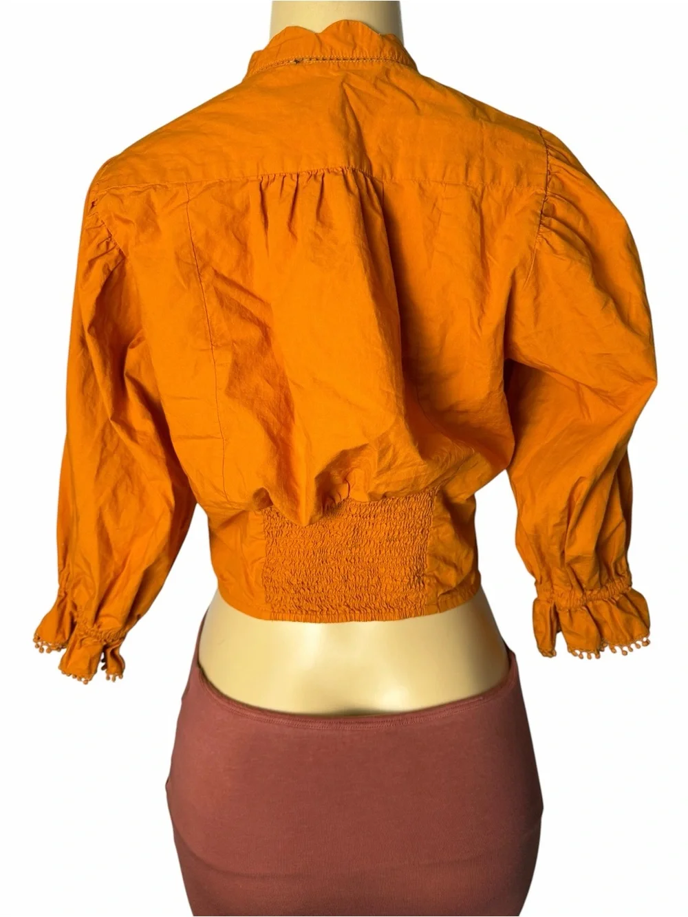 Free People Louella Embroidered Blouse Orange Puffed Sleeve NWT Size small